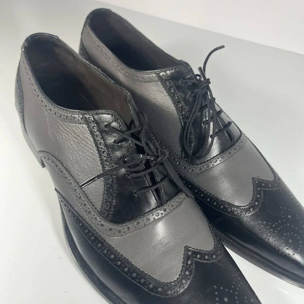 Hand Made‎ Black Gray Tan Leather Oxford Wingtip Size 14